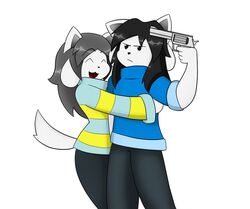  anthro bob_(undertale) clothed clothing compression_artifacts duo dynamo07x female fur gun hair hug mammal open_mouth ranged_weapon tem temmie_(undertale) undertale undertale_(series) weapon white_body white_fur 