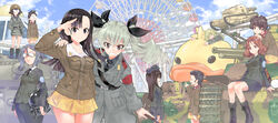  6+girls absurdres amusement_park anchovy_(girls_und_panzer) anzio_(emblem) anzio_military_uniform arm_around_shoulder arms_behind_back asymmetrical_bangs azumi_(girls_und_panzer) belt beret bespectacled bird black_belt black_eyes black_footwear black_hair black_headwear black_jacket black_necktie black_shirt black_skirt blonde_hair boots braid brown_eyes brown_hair brown_headwear brown_jacket carpaccio_(girls_und_panzer) carro_veloce_cv-33 chi-hatan_military_uniform closed_eyes closed_mouth cloud cloudy_sky commentary cross-laced_footwear dress_shirt drill_hair duck emblem eyewear_switch ferris_wheel frown fukuda_haru girls_und_panzer girls_und_panzer_gekijouban glasses goggles green_hair grey_hair grey_jacket grey_pants grey_skirt grin hair_ribbon hand_on_another&#039;s_shoulder hat headwear_switch helmet highres holding hosomi_shizuko inou_takashi insignia jacket japanese_tankery_league_(emblem) knife lace-up_boots long_hair long_sleeves looking_at_another looking_at_viewer m26_pershing medium_hair megumi_(girls_und_panzer) military military_hat military_uniform military_vehicle miniskirt motor_vehicle multiple_girls necktie nishi_kinuyo opaque_glasses open_mouth outdoors pants parted_bangs pencil_skirt pepperoni_(girls_und_panzer) pleated_skirt pointing red_eyes ribbon roller_coaster round_eyewear rumi_(girls_und_panzer) salute sam_browne_belt selection_university_(emblem) selection_university_military_uniform shirt side-by-side side_braid single_braid skirt sky smile standing standing_at_attention star_(symbol) swept_bangs tamada_tamaki tank tank_helmet twin_braids twin_drills twintails type_95_ha-gou type_97_chi-ha uniform white_shirt wing_collar yellow_skirt 