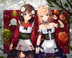  2girls absurdres ahoge apron bare_shoulders black_tea blonde_hair blush breasts brown_hair cleavage closed_mouth clothing_request commentary cowboy_shot cup english_commentary flower frills from_above glass_teacup glass_teapot green_eyes green_tea hair_flower hair_ornament highres holding_hands japanese_clothes kimono long_hair long_sleeves looking_at_viewer lying maid maid_apron maid_headdress multiple_girls na_kyo on_back original smile tea tea_stalk teapot wide_sleeves yellow_eyes 