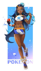  absurdres armlet belly_chain bike_shorts blue_eyes blue_eyeshadow commentary copyright_name crop_top dark-skinned_female dark_skin dynamax_band earrings eyelashes eyeshadow female full_body gloves hair_bun highres holding holding_poke_ball hoop_earrings jewelry long_hair makeup multicolored_hair nessa_(pokemon) one_eye_closed open_mouth poke_ball poke_ball_(basic) pokemon pokemon_swsh sandals single_glove single_hair_bun solo taak_choi tongue two-tone_hair 