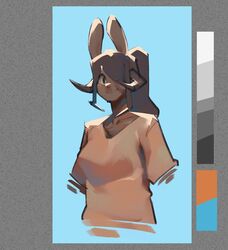  2022 anthro brown_body brown_eyes brown_fur brown_hair clothed clothing color_swatch female fur hair hair_over_eye half-length_portrait hi_res horn lagomorph leporid looking_at_viewer mammal one_eye_obstructed ponytail portrait rabbit shirt smile solo spikedmauler spikedmauler_(fursona) t-shirt tied_hair topwear trans_(lore) trans_woman_(lore) 