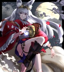  animal_ear_fluff animal_ears barefoot blunt_bangs blunt_ends bracelet cloud cowboy_shot escape0110 female fox_ears fox_girl fox_mask fox_tail ginsetsu_great_fox hakama hakama_skirt highres japanese_clothes jewelry kimono kitsune kyuubi laurel_crown legband long_hair long_sleeves looking_at_viewer mask miniskirt moon multiple_tails night obi petals purple_eyes purple_skirt red_kimono sash shadowverse shin_guards side_slit sidelocks skirt smile smoke solo starry_background tail teeth very_long_hair white_hair wide_sleeves will-o&#039;-the-wisp_(mythology) 