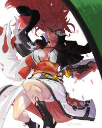  absurdres baiken bandages big_hair boots breasts cherry_blossoms cleavage eyepatch facial_mark feet_out_of_frame female fighting_stance fingerless_gloves floating_hair floor gloves guilty_gear guilty_gear_strive highres japanese_clothes kimono large_breasts long_hair looking_at_viewer pink_eyes pink_hair ponytail rope_belt samurai sandals scar scar_across_eye serious sheath sheathed signature sword thighs tsuna_(akmu8832) weapon 