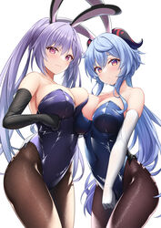  2girls :o ahoge akira_(sayo_dayoo) alternate_costume animal_ears asymmetrical_docking bare_shoulders bell black_gloves black_pantyhose blue_hair blue_leotard blush breast_press breasts cleavage closed_mouth covered_navel cowboy_shot detached_collar duplicate elbow_gloves ganyu_(genshin_impact) genshin_impact gloves goat_horns gradient_eyes hair_ornament hand_on_another&#039;s_waist highleg highleg_leotard highres horns keqing_(genshin_impact) large_breasts leotard long_hair looking_at_viewer low_ponytail medium_breasts multicolored_eyes multiple_girls pantyhose parted_lips pink_eyes pixel-perfect_duplicate playboy_bunny ponytail purple_eyes purple_hair purple_leotard rabbit_ears shiny_clothes sidelocks simple_background smile strapless strapless_leotard thighs twintails wavy_hair white_background white_gloves 