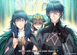  1boy 2girls armor black_gloves blue_eyes blue_hair braid byleth_(female)_(fire_emblem) byleth_(fire_emblem) byleth_(male)_(fire_emblem) closed_mouth commentary_request english_text fire_emblem fire_emblem:_three_houses gloves green_eyes green_hair hair_ornament long_hair medium_hair multiple_girls parted_lips ribbon_braid short_hair sieka_(piiroinardesco) sothis_(fire_emblem) tiara twin_braids twitter_username upper_body 