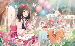  balloon bow female flower hair_ribbon medium_hair monogatari_(series) monogatari_series_puc_puc ribbon rose sengoku_nadeko squirrel stuffed_animal stuffed_toy tea_party 