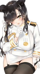  adjusting_hair aiguillette animal_ears atago_(azur_lane) azur_lane bababababan bad_id bad_pixiv_id black_hair black_thighhighs blurry breasts buttons chair closed_mouth commentary cowboy_shot crossed_legs depth_of_field double-breasted female finger_to_mouth garter_straps gloves grey_background hair_ribbon high_heels highres index_finger_raised large_breasts long_hair long_sleeves looking_at_viewer military military_uniform miniskirt mole mole_under_eye ribbon shushing side_slit simple_background sitting skirt smile solo strap_pull thighhighs uniform white_background white_gloves white_ribbon white_skirt yellow_eyes 