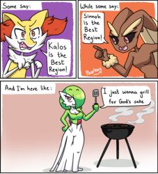  2021 3_panel_comic :3 anthro argument barbecue barbecue_grill black_sclera braixen breasts brown_body brown_fur buckteeth canid canine chest_tuft cleavage clothed clothing cooking dialogue_box english_text fangs female fur gardevoir generation_3_pokemon generation_4_pokemon generation_6_pokemon green_hair grill group hair hair_over_eye hand_on_hip hi_res holding_object holding_spatula holding_tool humanoid i_just_wanna_grill inner_ear_fluff lagomorph looking_at_viewer lopunny mammal medium_breasts meme multicolored_body multicolored_fur nintendo one_eye_obstructed parody paws pearboy-ooh pokemon pokemon_(species) red_eyes signature smug spatula speech_bubble tan_body tan_fur teeth text tools trio tuft two_tone_body two_tone_fur white_body white_fur yellow_body yellow_fur 