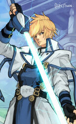  1boy belt blonde_hair blue_eyes english_text fingerless_gloves gloves grey_background guilty_gear guilty_gear_x guilty_gear_xx hair_between_eyes highres holding holding_sword holding_weapon ky_kiske lightning looking_at_viewer male_focus ponytail shadow shoes simple_background solo sword thunderseal tsuna_(akmu8832) weapon 