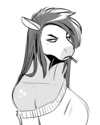  2020 anthro big_breasts biped breasts cigarette clothed clothing digital_media_(artwork) equid equine eyebrows female grimace grumpy hair half-closed_eyes half-length_portrait hi_res horse long_hair looking_at_viewer mammal monochrome narrowed_eyes portrait shirt simple_background smoking solo topwear white_background zeekzag 