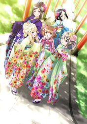  5girls :d :o ange_(princess_principal) bad_hands beatrice_(princess_principal) black_hair blonde_hair blue_eyes blue_kimono blush brown_eyes brown_hair day dorothy_(princess_principal) double_bun dutch_angle floral_print flower grass green_kimono grey_eyes grey_hair hair_bun hair_flower hair_ornament highres japanese_clothes kimono long_hair looking_at_viewer multiple_girls nengajou new_year obi open_mouth outdoors pink_kimono princess_(princess_principal) princess_principal purple_kimono sandals sash sidelocks smile taniguchi_gou toudou_chise white_legwear wide_sleeves 