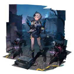  :d arknights black_footwear blue_gloves boots female full_body gloves grey_eyes grey_hair grey_jacket grey_shirt hand_up highres holding huanxiang_heitu jacket long_sleeves looking_at_viewer mayer_(arknights) mayer_(visionblazer_in_the_courtyard)_(arknights) official_alternate_costume official_art open_clothes open_jacket open_mouth pointing robot shadow shirt short_hair_with_long_locks smile solo standing thighs transparent_background 