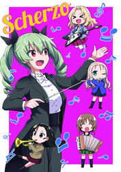  &gt;_&lt; :d absurdres accordion alternate_costume anchovy_(girls_und_panzer) asymmetrical_bangs bc_freedom_school_uniform beamed_sixteenth_notes black_bow black_eyes black_hair black_jacket black_necktie black_ribbon black_skirt black_socks blazer blonde_hair blouse blue_eyes blue_sweater bow bowtie brown_hair brown_jacket cardigan chi-hatan_school_uniform chibi closed_eyes collared_shirt commentary_request cover cover_page cummerbund doujin_cover dress_shirt drill_hair eighth_note eighth_rest electric_guitar flat_sign flute formal girls_und_panzer green_eyes green_hair green_skirt grey_jacket guitar hair_intakes hair_ribbon half_note high_collar highres holding holding_instrument instrument italian_text jacket jumping katakori_sugita kay_(girls_und_panzer) long_hair long_sleeves marie_(girls_und_panzer) miniskirt music musical_note necktie nishi_kinuyo nishizumi_miho one_eye_closed ooarai_school_uniform open_clothes open_jacket open_mouth outside_border photoshop_(medium) playing_instrument pleated_skirt purple_background quarter_note red_eyes red_skirt ribbon saunders_school_uniform school_uniform serafuku shirt short_hair sixteenth_note skirt smile socks standing sweater thighhighs traditional_bowtie translated treble_clef trumpet twin_drills twintails white_bow white_bowtie white_legwear white_shirt wing_collar 