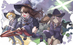  3girls blonde_hair blue_ribbon broom broom_riding brown_hair collared_shirt commentary_request dress floating_hair glasses hat highres kagari_atsuko leaning_forward little_witch_academia long_hair long_sleeves lotte_jansson makeup multiple_girls neck_ribbon open_mouth photoshop_(medium) purple_dress purple_hair purple_headwear red-framed_eyewear red_eyes ribbon sakurami_sumi semi-rimless_eyewear shirt shooting_star_(little_witch_academia) short_dress short_hair sucy_manbavaran under-rim_eyewear v-shaped_eyebrows very_long_hair white_shirt wide_sleeves wing_collar witch_hat 