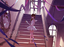  absurdres asymmetrical_bangs bare_legs bare_shoulders barefoot blunt_bangs brown_hair collared_dress commentary_request dress female floating_hair from_behind full_body grey_dress grin handrail highres holding holding_staff indoors kagari_atsuko legs little_witch_academia long_hair looking_at_viewer looking_back mini_wings mirror photoshop_(medium) pleated_dress ponytail purple_ribbon red_eyes reflection ribbon shiny_rod_(little_witch_academia) short_dress sleeveless sleeveless_dress smile solo staff stairs standing thighs white_dress white_wings wing_collar wings yusheng 