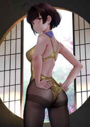  adjusting_clothes adjusting_swimsuit ahoge ass black_pantyhose breasts brown_eyes brown_hair competition_swimsuit cowboy_shot female from_behind gold_one-piece_swimsuit highres koutetsujou_no_kabaneri looking_at_viewer looking_back mumei_(kabaneri) one-piece_swimsuit pantyhose pantyhose_under_swimsuit short_hair solo standing swimsuit thighband_pantyhose wa_(genryusui) window 