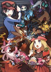  1boy :o black_hair blaziken blonde_hair blue_jacket calem_(pokemon) clauncher commentary_request dedenne eyewear_on_headwear female froakie grey_eyes handheld_game_console hat holding holding_handheld_game_console holding_stylus honedge inkay jacket long_hair long_sleeves lucario mega_blaziken mega_lucario mega_pokemon nintendo_ds noii noivern open_mouth pancham pleated_skirt pokemon pokemon_(creature) pokemon_xy red_headwear red_skirt serena_(pokemon) skirt smile spritzee stylus sunglasses sylveon talonflame teeth tongue vivillon vivillon_(meadow) 