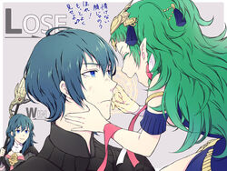  1boy 2girls areadbhar_(fire_emblem) bad_id bad_twitter_id blue_eyes blue_hair braid byleth_(female)_(fire_emblem) byleth_(fire_emblem) byleth_(male)_(fire_emblem) closed_eyes closed_mouth commentary_request fire_emblem fire_emblem:_three_houses from_side green_hair grey_background hair_ornament holding long_hair multiple_girls open_mouth pointy_ears polearm ribbon_braid short_hair side_braid simple_background single_braid smile sothis_(fire_emblem) super_smash_bros. tiara totototope translation_request weapon 