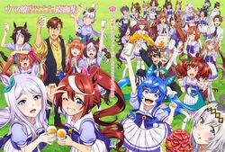  3boys 6+girls absurdres animal_ears biwa_hayahide_(umamusume) black_hair blue_hair bnw_(umamusume) bow brown_hair commentary_request cup daitaku_helios_(umamusume) daiwa_scarlet_(umamusume) disposable_cup ear_bow ear_covers ear_ribbon el_condor_pasa_(umamusume) everyone gold_ship_(umamusume) grass_wonder_(umamusume) grey_hair highres horse_ears horse_girl horse_tail ikuno_dictus_(umamusume) kitasan_black_(umamusume) looking_at_viewer maruzensky_(umamusume) matikane_tannhauser_(umamusume) matikanefukukitaru_(umamusume) meisho_doto_(umamusume) mejiro_mcqueen_(umamusume) mejiro_palmer_(umamusume) mihono_bourbon_(umamusume) multicolored_hair multiple_boys multiple_girls narita_taishin_(umamusume) nice_nature_(umamusume) official_art oguri_cap_(umamusume) open_mouth rice_shower_(umamusume) sailor_collar sailor_shirt satono_diamond_(umamusume) school_uniform shirt silence_suzuka_(umamusume) special_week_(umamusume) streaked_hair summer_uniform symboli_rudolf_(umamusume) tail team_spica&#039;s_trainer tokai_teio_(umamusume) toujou_hana tracen_school_uniform trainer_(umamusume) trainer_kuronuma trainer_minamizaka translated tsuji_tomoko twin_turbo_(umamusume) umamusume vodka_(umamusume) winning_ticket_(umamusume) 