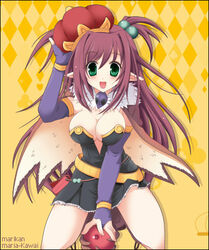  alchemist_(ragnarok_online) blue_gloves blush boots breasts brown_cape brown_footwear brown_hair cape cleavage crown dress elbow_gloves female fingerless_gloves full_body fur_collar gloves green_eyes hair_between_eyes hair_bobbles hair_ornament kawai_maria large_breasts long_hair looking_at_viewer lowres open_mouth pointy_ears ragnarok_online short_dress smile solo strapless strapless_dress two_side_up yellow_background 