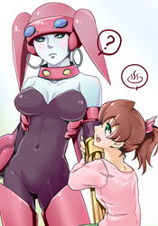  2girls ? android arm_grab asagi_marin bare_shoulders blue_eyes blush bow breasts brigadoon brown_hair cleavage colored_skin covered_navel earrings erin_garnet green_eyes grey_skin hairbow jewelry medium_breasts multiple_girls niku_(amikoto) pink_bow pink_shirt shirt short_ponytail simple_background spoken_question_mark standing white_background 