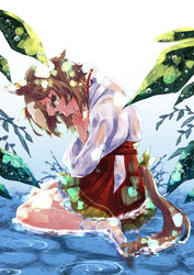  alternate_costume animal_ears brown_eyes brown_hair female from_side hair_between_eyes highres horse_ears horse_girl horse_tail long_sleeves mihasame multicolored_hair outdoors partially_submerged pleated_skirt pond red_skirt shirt sitting skirt socks solo streaked_hair tail umamusume wariza wet wet_clothes wet_legwear wet_shirt wet_skirt white_hair white_shirt white_socks yaeno_muteki_(umamusume) 