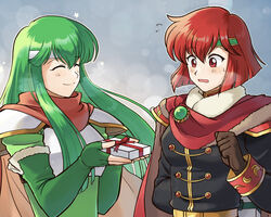  2girls armor betabetamaru box breastplate brown_gloves cape closed_eyes closed_mouth commission elbow_gloves fingerless_gloves fire_emblem fire_emblem:_mystery_of_the_emblem gift gift_box gloves green_gloves green_hair green_headband hair_between_eyes headband highres holding holding_gift minerva_(fire_emblem) multiple_girls open_mouth palla_(fire_emblem) pauldrons red_eyes red_hair short_hair shoulder_armor skeb_commission smile snow snowing twitter_username white_headband 