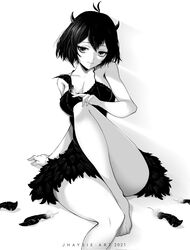  2021 antenna_hair arm_support artist_name barefoot black_clover black_feathers breasts closed_mouth collarbone dress feather-trimmed_dress feathers female greyscale hair_between_eyes highres holding holding_feather horns jhaysie knee_up medium_breasts monochrome narrow_waist secre_swallowtail short_dress short_hair simple_background sleeveless sleeveless_dress solo white_background wide_hips 