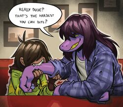  2023 ambiguous_gender angusburgers anthro arm_bite brown_hair deltarune dialogue dinosaur duo english_text female hair hair_over_eyes hi_res human humanoid kris_(deltarune) mammal monster purple_body reptile scalie smile smirk susie_(deltarune) text undertale_(series) 