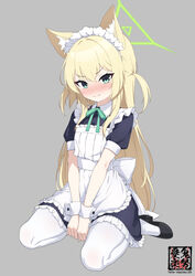  absurdres alternate_costume animal_ears apron between_legs black_dress black_footwear blonde_hair blue_archive blush closed_mouth dress enmaided female flat_chest fox_ears frilled_apron frills full_body green_eyes green_ribbons grey_background halo hand_between_legs highres kido_airaku kurumi_(blue_archive) long_hair looking_at_viewer maid maid_headdress neck_ribbon pantyhose ribbon seiza short_sleeves simple_background sitting solo twitter_username two_side_up white_apron white_pantyhose wrist_cuffs 