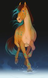  2023 ambiguous_gender blue_eyes calima_(character) digital_media_(artwork) equid equine feral gunterkerr hair hi_res hooves horse mammal multicolored_body multicolored_hair raised_leg simple_background solo two_tone_body two_tone_hair two_tone_tail water 