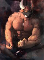  2018 5_fingers absurd_res anthro big_muscles bovid bovine brown_body brown_fur clothed clothing fd-caro fingers flexing fur hi_res horn humanoid_hands jewelry kathu_thal looking_at_viewer male mammal mask muscular muscular_anthro muscular_male necklace sitting solo topless white_horn yellow_eyes 