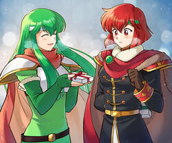  2girls armor belt betabetamaru box breastplate brown_gloves cape closed_eyes closed_mouth commission elbow_gloves fingerless_gloves fire_emblem fire_emblem:_mystery_of_the_emblem gift gift_box gloves green_gloves green_hair green_headband hair_between_eyes headband highres holding holding_gift minerva_(fire_emblem) multiple_girls open_mouth palla_(fire_emblem) pauldrons red_eyes red_hair short_hair shoulder_armor skeb_commission smile snow snowing twitter_username white_headband 