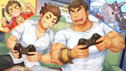  4boys abs animal_ears bara belt blush brown_hair chest_hair controller couch covered_abs crossover extra_ears facial_hair furry furry_male game_console game_controller goatee gozu_farm grin hanuman_(housamo) large_pectorals long_sideburns male_focus multiple_boys muscular muscular_male o_o official_art pectoral_cleavage pectorals plump protagonist_(f-kare) shirt short_hair sideburns smile stubble takabushi_kengo thick_eyebrows third-party_source tokyo_afterschool_summoners tsathoggua_(housamo) tusks white_shirt wolf_ears 