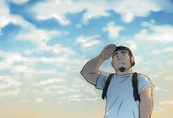  1boy backpack backwards_hat bag bara baseball_cap blue_sky casual cloud cloudy_sky day facial_hair goatee hat long_sideburns male_focus original outdoors sad salute short_hair sideburns sky solo suv_(suv032) thick_eyebrows upper_body 