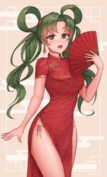  :d absurdres artist_name awan0918 blush breasts brown_background china_dress chinese_clothes chinese_zodiac cloud_print commentary_request dress earrings egasumi female fire_emblem fire_emblem:_the_blazing_blade folding_fan green_eyes green_hair hair_rings hand_fan highres holding holding_fan jewelry long_hair looking_at_viewer lyn_(fire_emblem) open_mouth parted_bangs print_dress red_dress short_sleeves small_breasts smile solo very_long_hair year_of_the_rat 