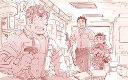  3boys abs bara blush collared_shirt goggles goggles_on_head hammer holding holding_hammer holding_sword holding_weapon indoors kajiya_kurogane kijimuna_(housamo) lolicon long_sideburns male_focus mechanic monochrome multiple_boys muscular muscular_male open_jumpsuit pants pectoral_cleavage pectorals protagonist_3_(housamo) shirt short_hair sideburns stomach suv_(suv032) sword thick_eyebrows tokyo_afterschool_summoners weapon 