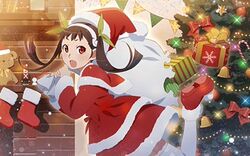  christmas christmas_ornaments christmas_tree female gift hachikuji_mayoi hair_ribbon hat lowres medium_hair monogatari_(series) monogatari_series_puc_puc ribbon santa_costume santa_hat solo thighhighs twintails 