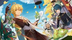  3boys absurdres aether_(genshin_impact) ahoge artist_request blonde_hair blue_eyes blue_hair blunt_bangs building chongyun_(genshin_impact) commentary crop_top cup day dragon_boat_festival english_commentary food genshin_impact gloves hair_between_eyes highres holding long_sleeves looking_at_viewer midriff multiple_boys navel official_art open_mouth outdoors parted_lips plate second-party_source short_sleeves sky smile standing teeth tongue tree vision_(genshin_impact) xingqiu_(genshin_impact) yellow_eyes zongzi 