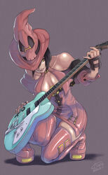  absurdres bare_shoulders black_hair bob_cut boots breasts detached_sleeves dress electric_guitar female fingerless_gloves full_body glaring gloves green_eyes guilty_gear guilty_gear_xrd guitar hat highres i-no instrument kneeling large_breasts mole mole_above_mouth plectrum red_footwear red_hat short_dress short_hair signature skindentation solo thigh_boots tongue tsuna_(akmu8832) witch witch_hat 