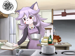  4:3 anthro bodily_fluids breasts calua_napage clothing cooking cyberconnect2 facial_markings felid female gren_sacher group hair head_markings kemono kitchen little_tail_bronx male mammal markings opera_kranz purple_clothing purple_hair red_eyes ryu_masakaze shaded solatorobo solo_focus sweat white_body 