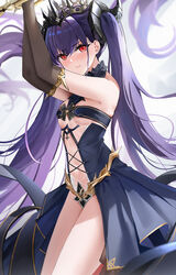  arms_up azur_lane breasts clothing_cutout crown dress elbow_gloves felix_schultz_(azur_lane) female gloves highres horns navel purple_hair qing_wu red_eyes showgirl_skirt sleeveless sleeveless_dress small_breasts solo stomach_cutout thorns twintails 