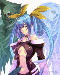  angel_wings artist_name asymmetrical_wings bare_shoulders belt blue_hair breasts center_opening collarbone dizzy_(guilty_gear) feathers female glowing glowing_eye guilty_gear guilty_gear_x guilty_gear_xx hair_ribbon large_breasts long_hair long_sleeves looking_at_viewer looking_to_the_side low_twintails midriff navel necro_(guilty_gear) parted_lips red_eyes ribbon solo standing stomach tsuna_(akmu8832) twintails undine_(guilty_gear) white_background wings yellow_eyes yellow_ribbon 