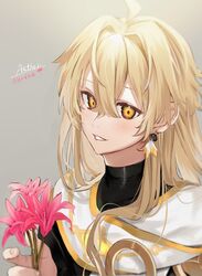  1boy absurdres aether_(genshin_impact) ahoge blonde_hair blush character_name commentary_request earrings english_text feather_earrings feathers flower genshin_impact grey_background hair_between_eyes hair_down hair_intakes highres holding holding_flower iramiikaiiri jewelry long_hair looking_at_viewer male_focus open_mouth pink_flower scarf simple_background smile yellow_eyes 