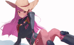  absurdres adjusting_clothes adjusting_headwear arm_support black_bodysuit black_footwear black_hood blunt_bangs bodysuit boots breasts commentary cosplay feet_out_of_frame female grin hat highres hololive hololive_english jewelry_bonney jewelry_bonney_(cosplay) large_breasts looking_at_viewer mori_calliope mori_calliope_(vegapunk) one_piece pink_eyes pink_hair raeis red_thighhighs shadow sidelocks sitting smile straw_hat thighhighs v-shaped_eyebrows virtual_youtuber white_background 