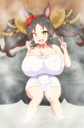  +_+ :d animal_ears big_hair breasts brown_hair cleavage commentary_request drill_hair female fence highres horse_ears horse_girl huge_breasts isemagu long_hair marvelous_sunday_(umamusume) naked_towel oerba_yun_fang onsen open_mouth oppai_loli orange_eyes paid_reward_available shortstack side_drill smile soaking_feet steam towel twintails umamusume v very_long_hair wooden_fence 