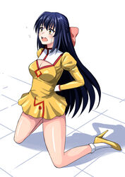  absurdres agent_aika aika_(series) arms_behind_back blue_hair bobby_socks breasts brown_eyes cleavage_cutout clothing_cutout commentary_request delmogeny_uniform dress female full_body golden_delmo hair_ribbon half_updo high_heels highres juliet_sleeves kneeling legs long_hair long_sleeves medium_breasts on_floor open_mouth pink_ribbon puffy_sleeves raised_eyebrows restrained ribbon rie_petoriyacowa socks solo tears teeth thighs tile_floor tiles tumoha uniform upper_teeth_only white_background white_socks yellow_dress 