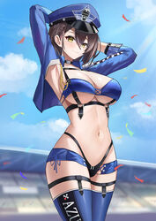  absurdres azur_lane baltimore_(azur_lane) baltimore_(finish_line_flagbearer)_(azur_lane) blue_sky blue_thighhighs breasts brown_hair choker closed_mouth commentary_request confetti day female hai_binggan hat highres large_breasts navel official_alternate_costume outdoors peaked_cap police_hat race_queen short_hair shrug_(clothing) sky smile solo stomach thighhighs yellow_eyes 