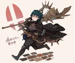  1boy areadbhar_(fire_emblem) armor axe aymr_(fire_emblem) blue_eyes blue_hair bow_(weapon) byleth_(fire_emblem) byleth_(male)_(fire_emblem) cape commentary_request doku_gin1126 failnaught_(fire_emblem) fire_emblem fire_emblem:_three_houses highres holding holding_axe holding_bow_(weapon) holding_sword holding_weapon male_focus parted_lips polearm solo spear super_smash_bros. super_smash_bros._logo sword sword_of_the_creator weapon 