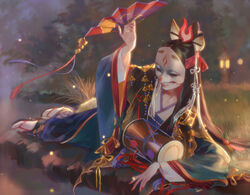  all_male animal_ears black_hair drums emg_(christain) fan grass instrument japanese_clothes kimono long_hair male mask onmyouji realistic socks tamamo_no_mae_(onmyouji) 